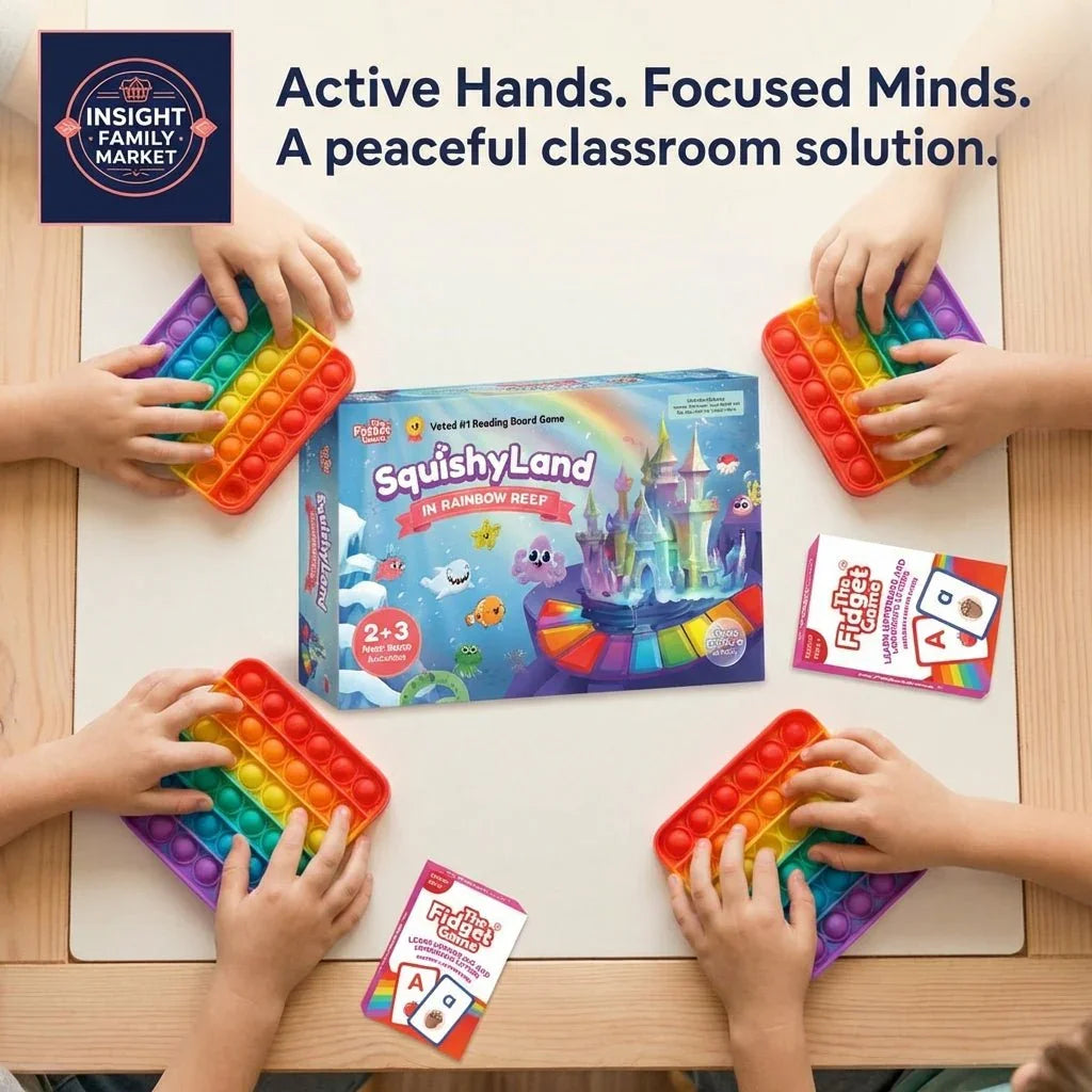 Children playing with rainbow sensory poppers and educational games on a classroom table.