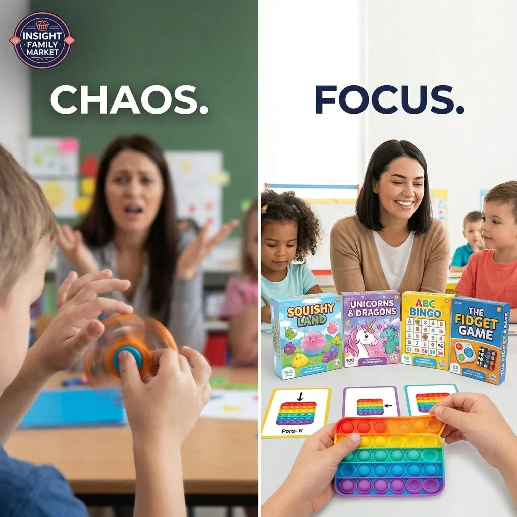Split image showing classroom chaos with a stressed teacher and focus with sensory-friendly learning tools, fidget toys, and games for kids.