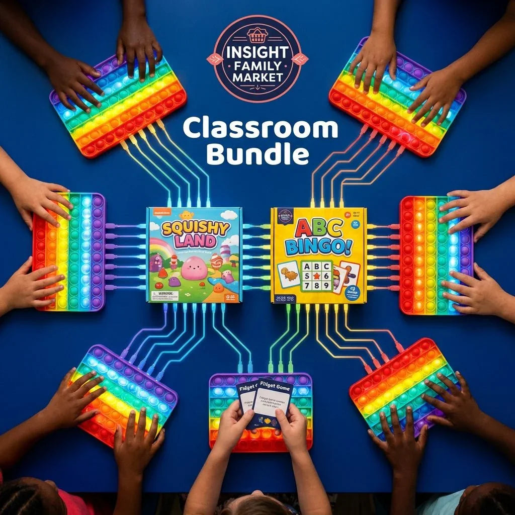 Children playing with rainbow sensory pop fidget toys and educational learning games on a table