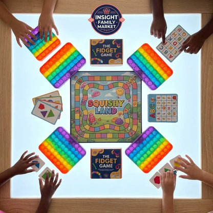 Children playing sensory board game with rainbow pop-it toys, fidget game cards, alphabet tiles, and Squishy Land board on a table.
