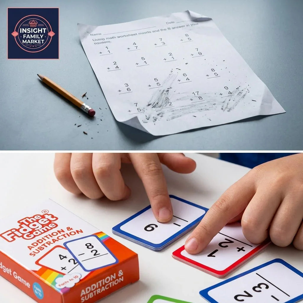 Child struggling with math worksheet, using addition and subtraction learning game cards