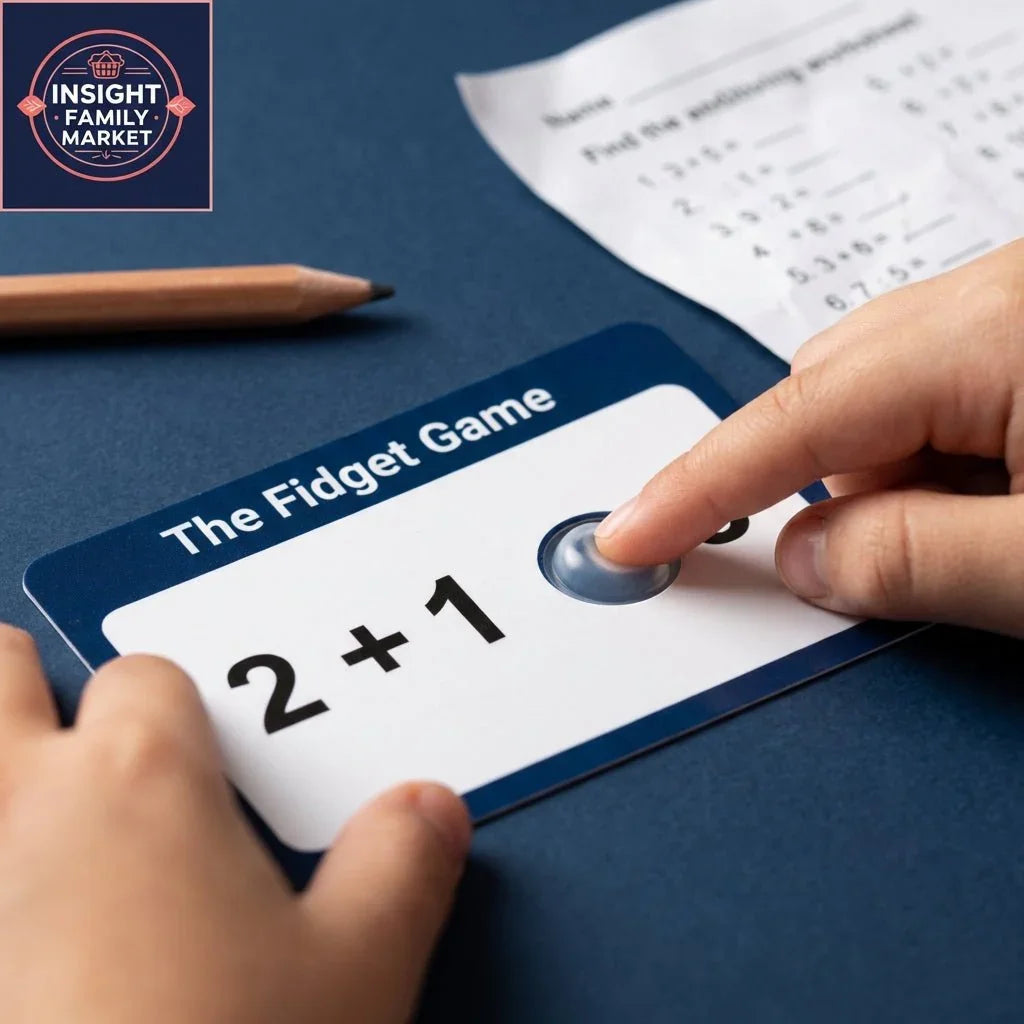 Child using sensory math fidget game card for interactive learning support