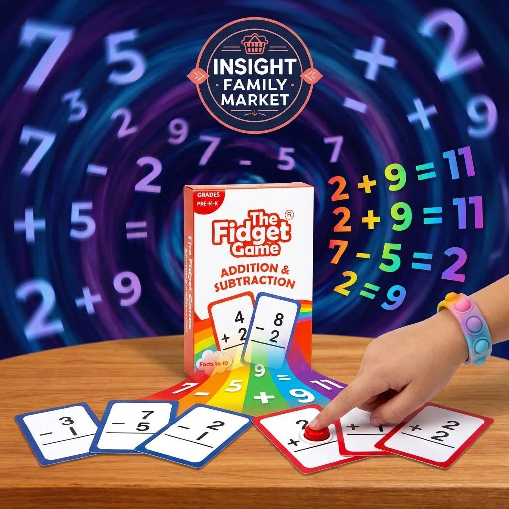 Child playing The Fidget Game addition and subtraction math card game with colorful numbers.