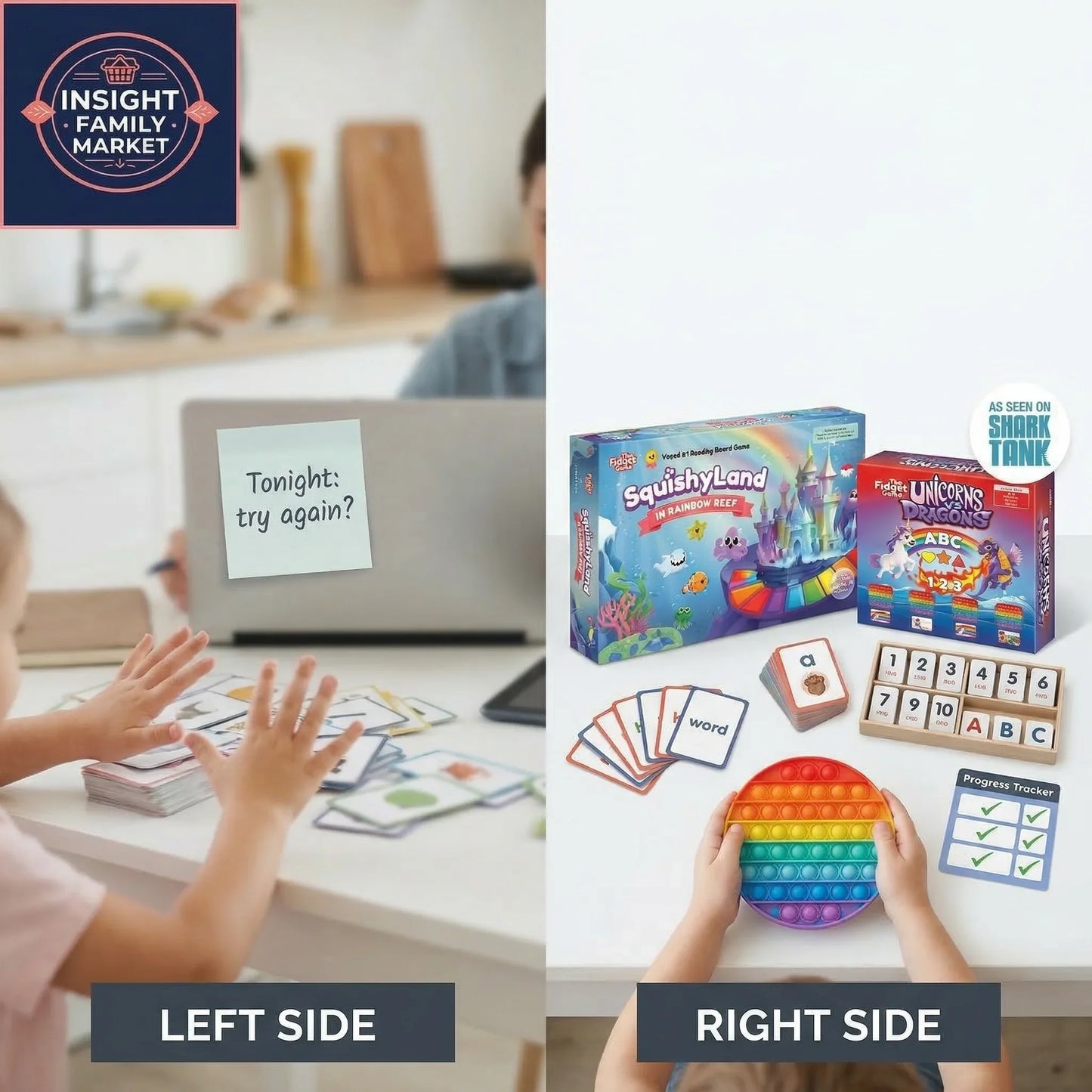 Two sides of a product image: left with children playing, right with educational toys and cards.