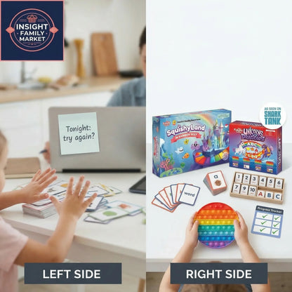 Two sides of a product image: left with children playing, right with educational toys and cards.