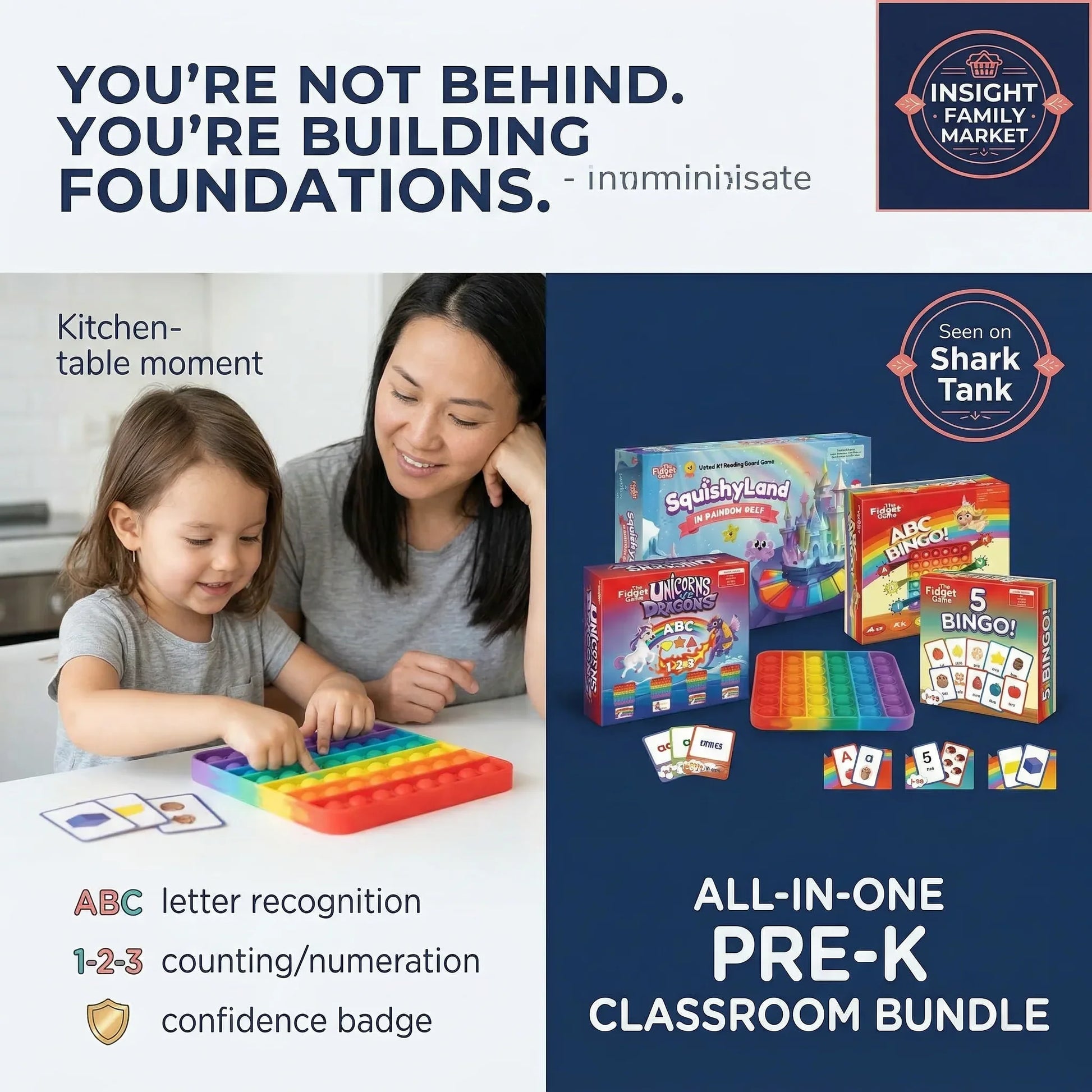 Woman and child playing with educational toys, with text about pre-K classroom bundle and family market.