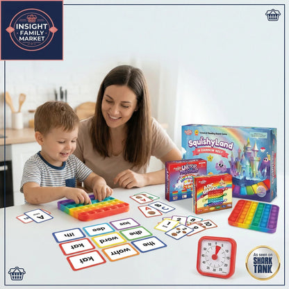 Woman and child playing with educational toys and games on a table, with 'Insight Family Market' branding.