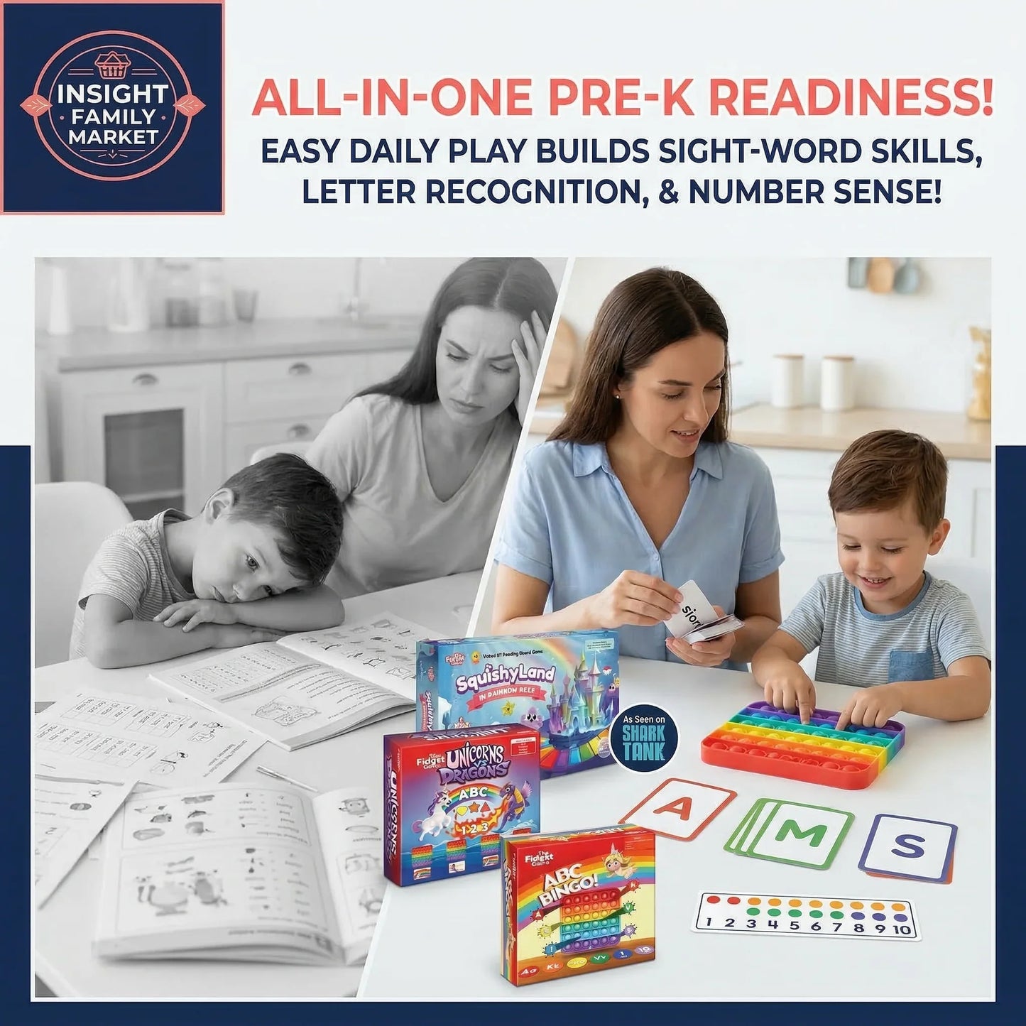 Woman and child playing with educational toys and materials on a table, with text about pre-K readiness.