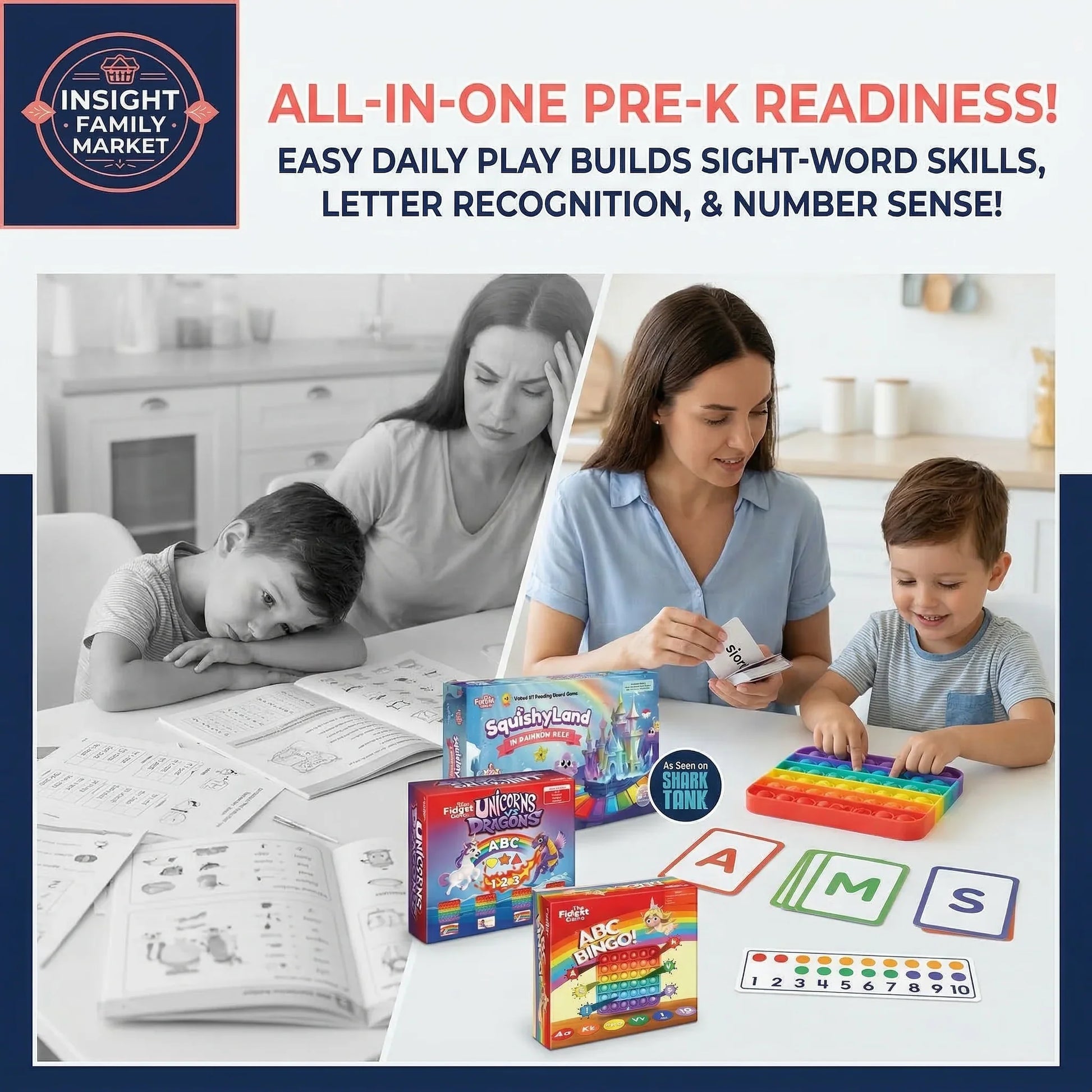 Woman and child playing with educational toys and materials on a table, with text about pre-K readiness.