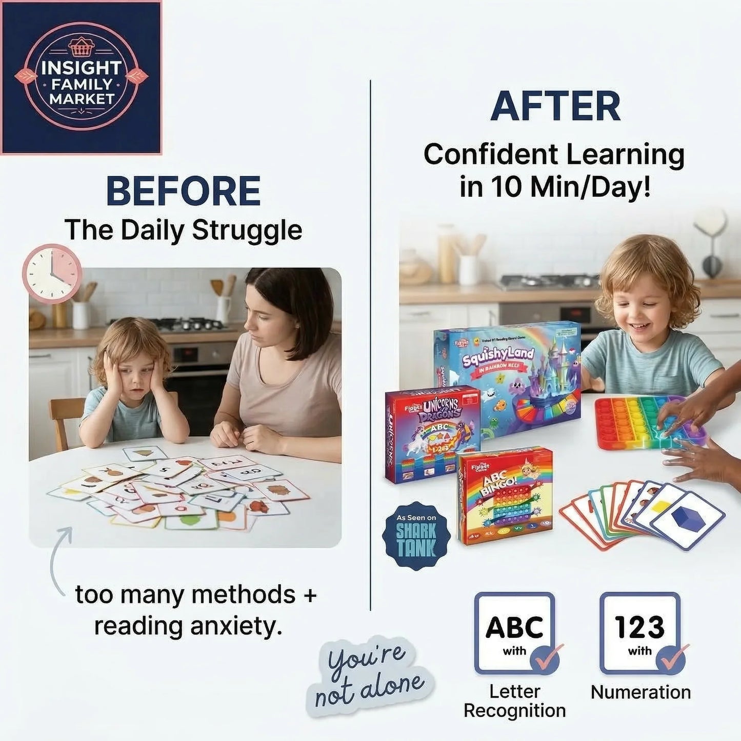 Before and after comparison of children learning with educational materials in a kitchen setting.