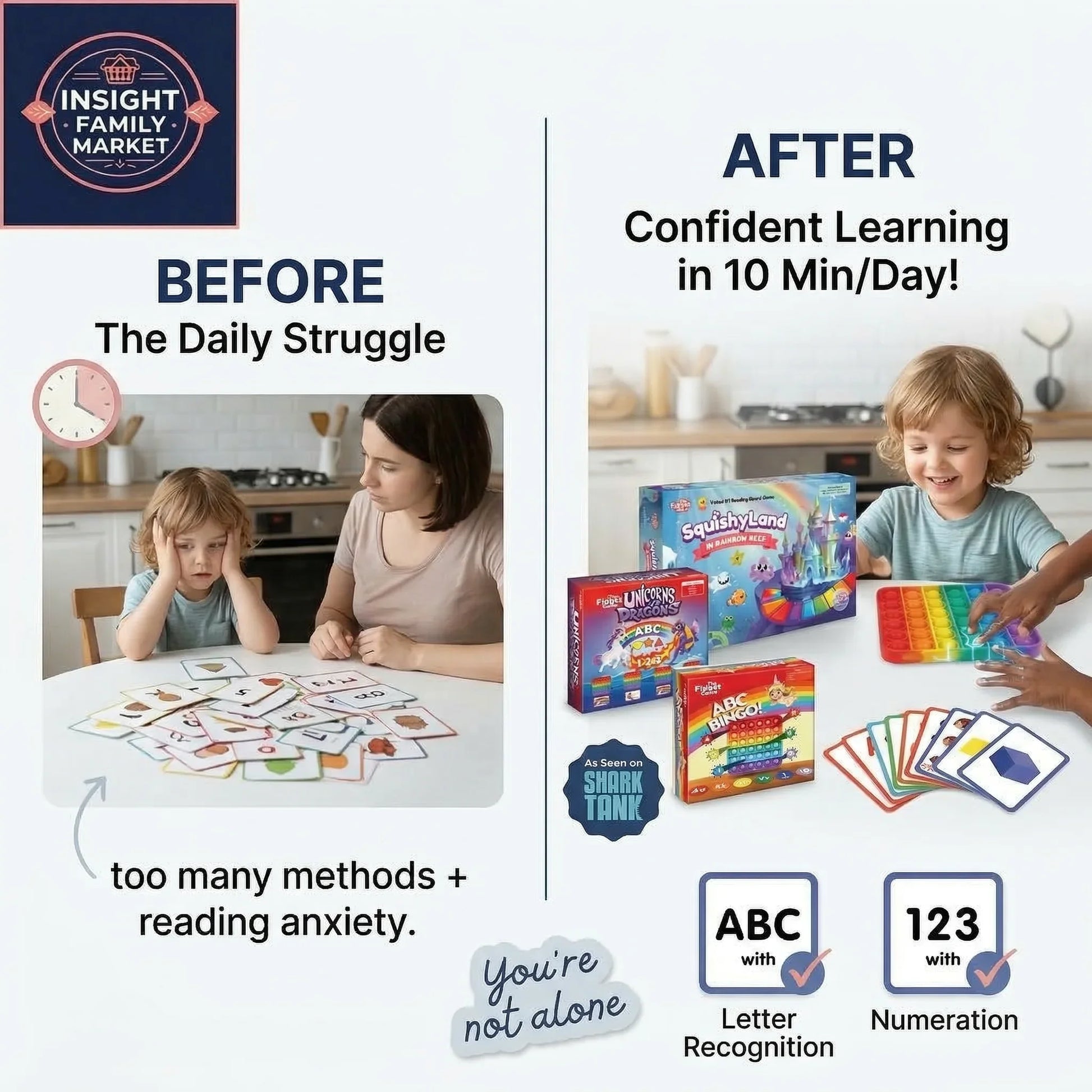 Before and after comparison of children learning with educational materials in a kitchen setting.