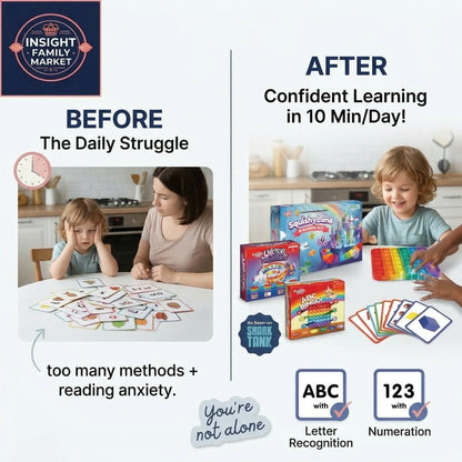 Before and after comparison of children learning with educational materials in a kitchen setting.