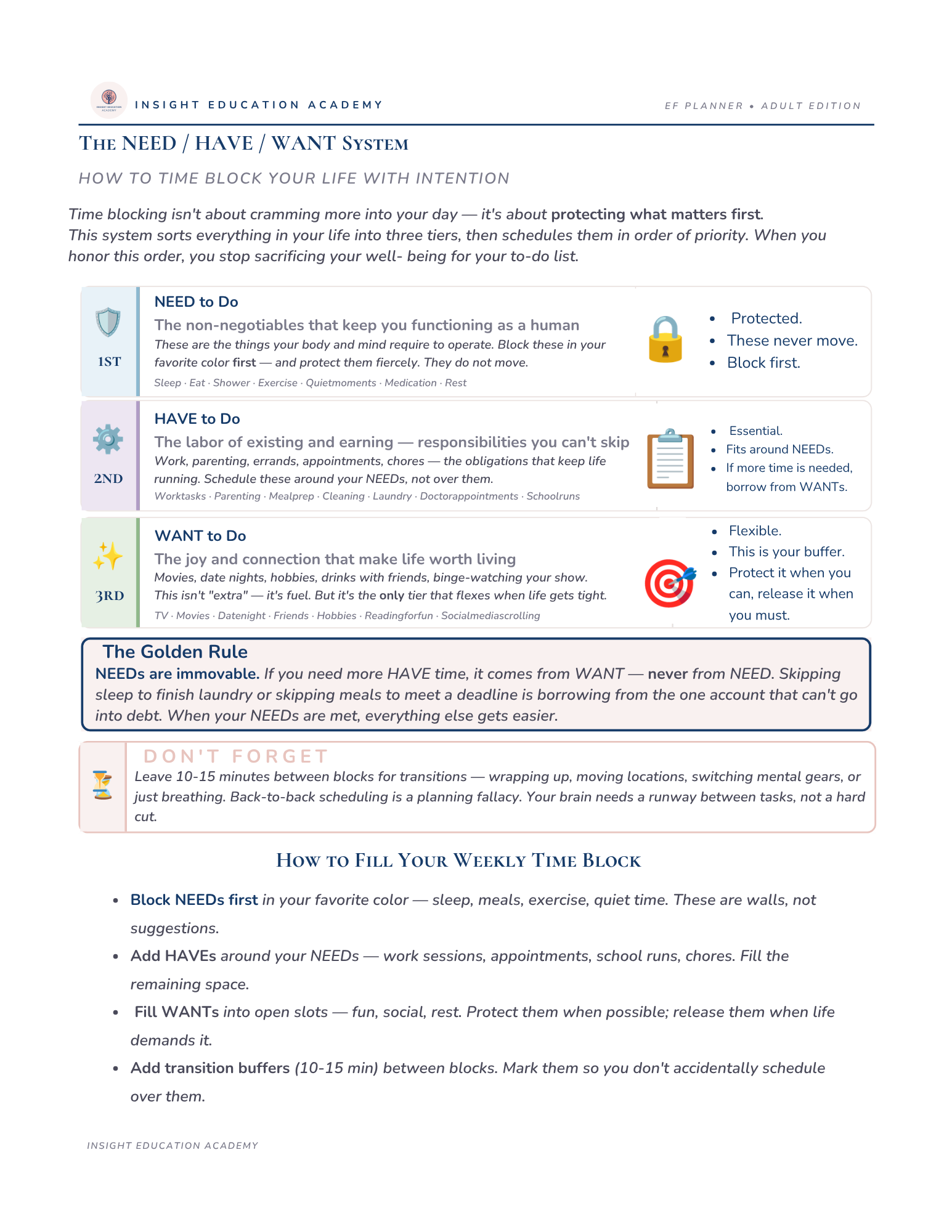 Insight Education Academy time blocking system guide on a white background
