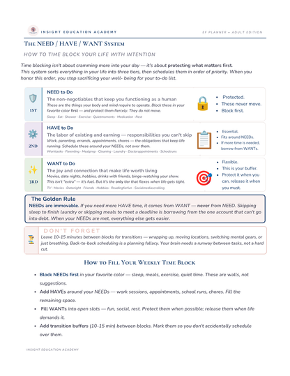 Insight Education Academy time blocking system guide on a white background