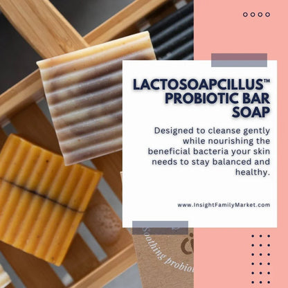 Probiotic bar soaps on wooden rack with Lactosoapcillus soap label and description overlay