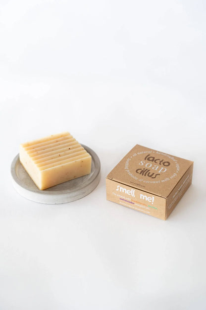 Natural probiotic bar soap with packaging, labeled lacto soap citrus, on white background