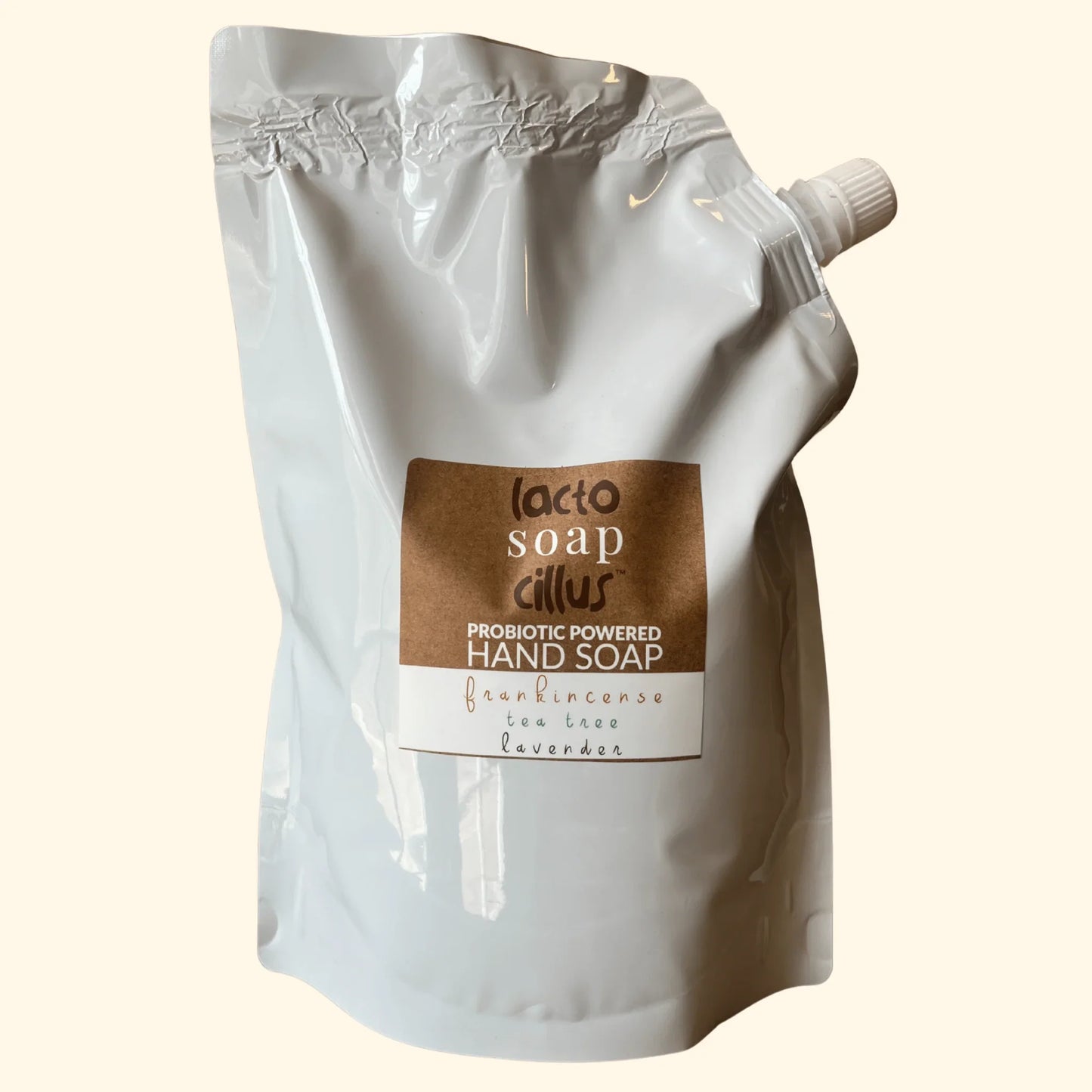 32 oz refill pouch of probiotic hand soap with frankincense, tea tree, and lavender
