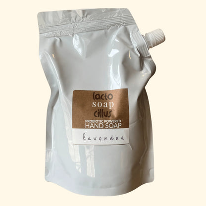 Lavender probiotic powered hand soap refill pouch with brown label
