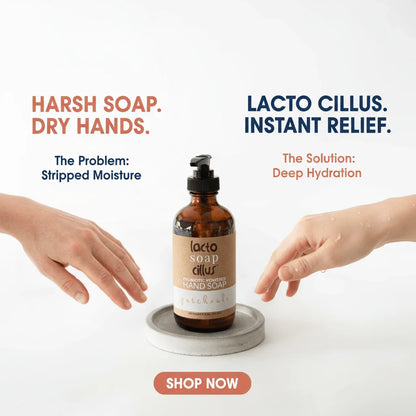 Moisturizing probiotic hand soap bottle with dry and hydrated hands comparison, shop now button