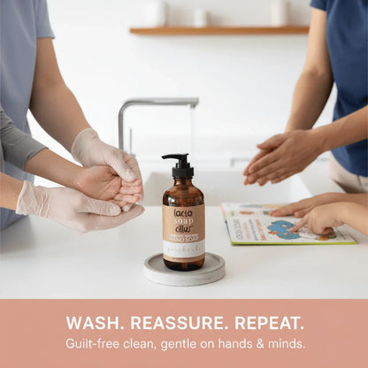 Parent washing child's hands with gentle hand soap, sensory-friendly support for families.