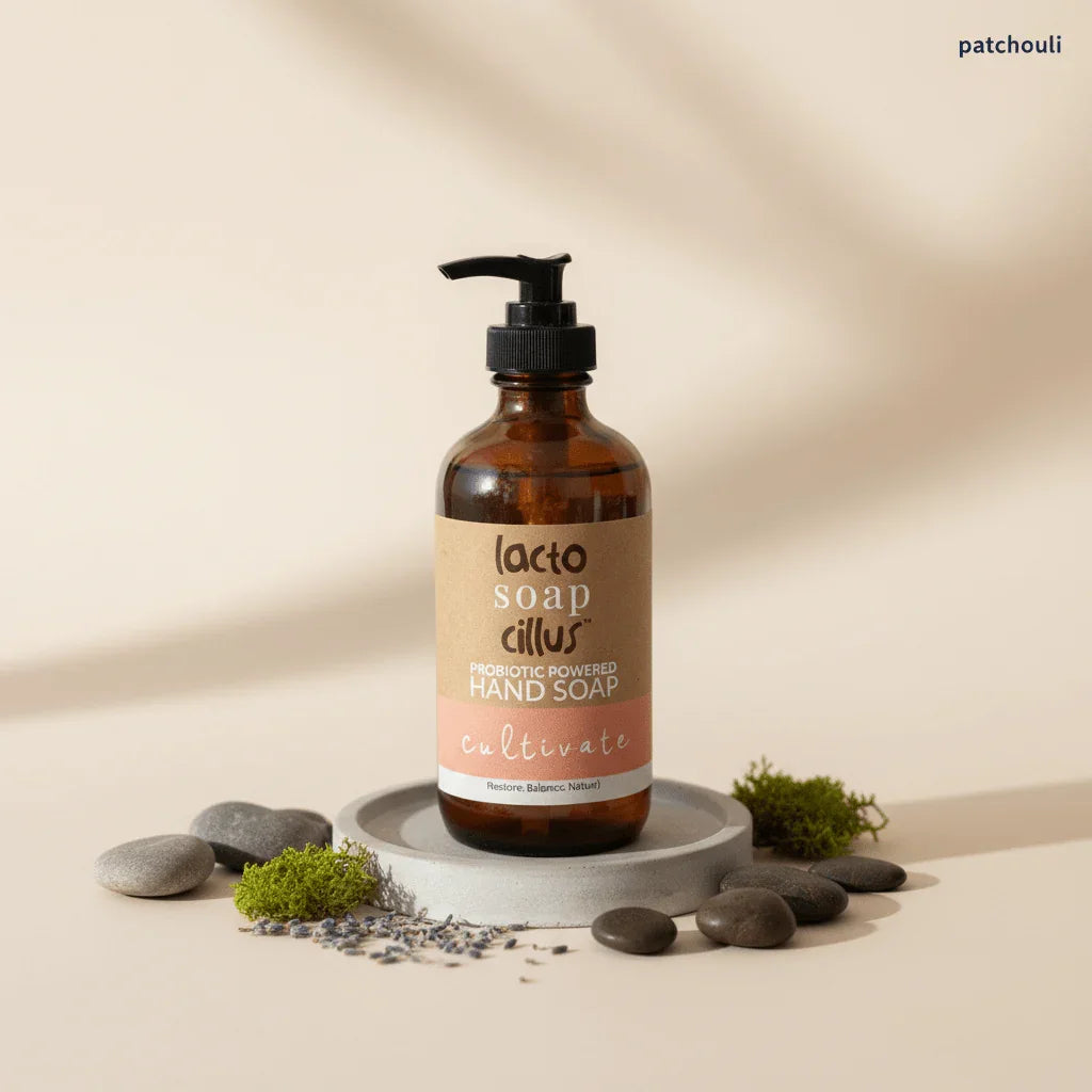 Lacto Soap Cillus probiotic hand soap bottle with natural stones, moss, and lavender.