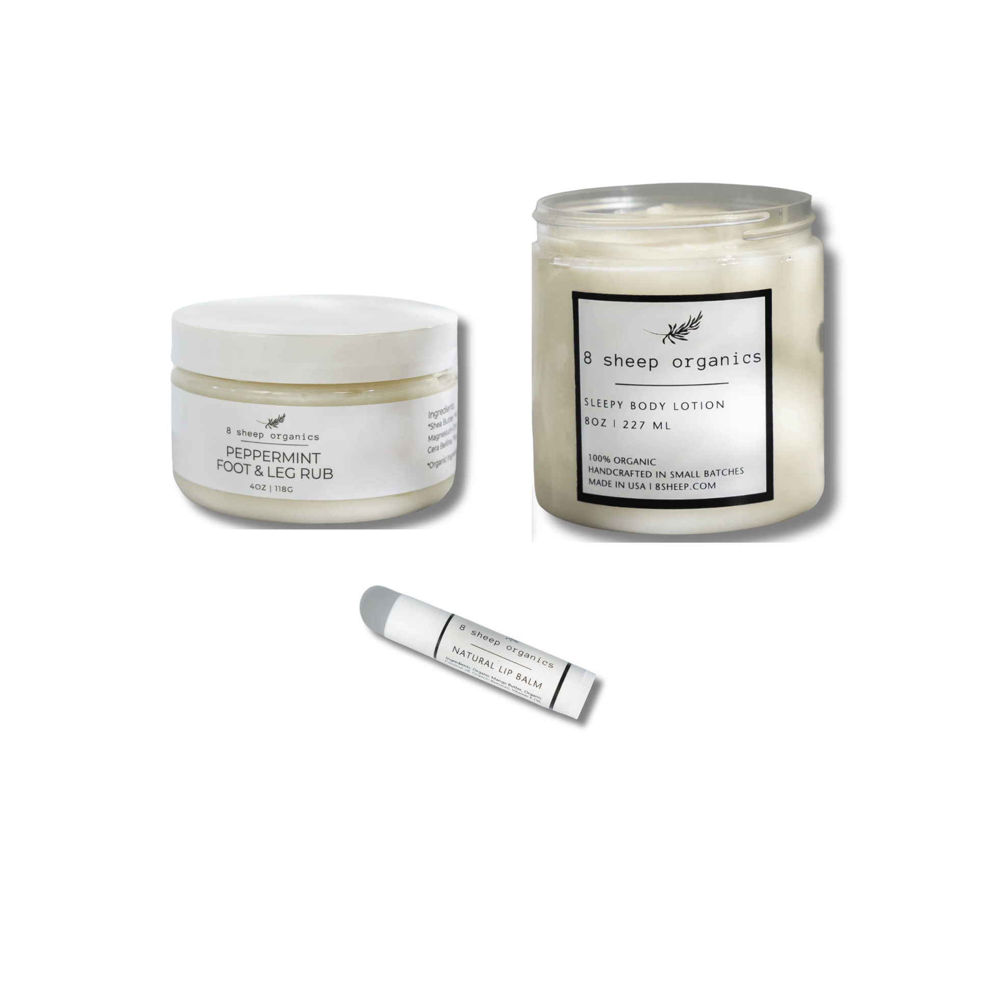 A three-piece skincare gift set from 8 sheep organics, including a Jeromeant Foot & Leg Rub cream jar, a Sleep Body Lotion candle jar, and a Natural Lip Balm tube, arranged on a white background.