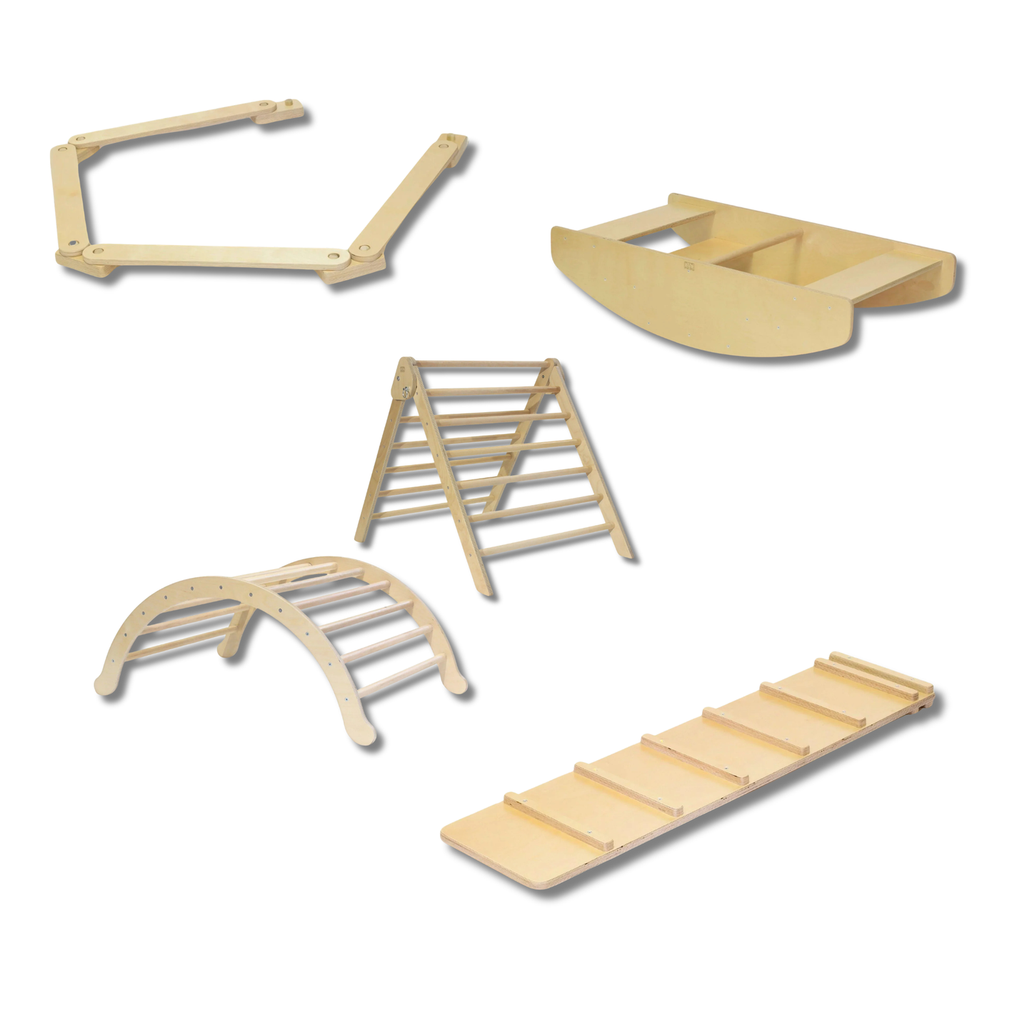 Set of wooden playground equipment on a white background