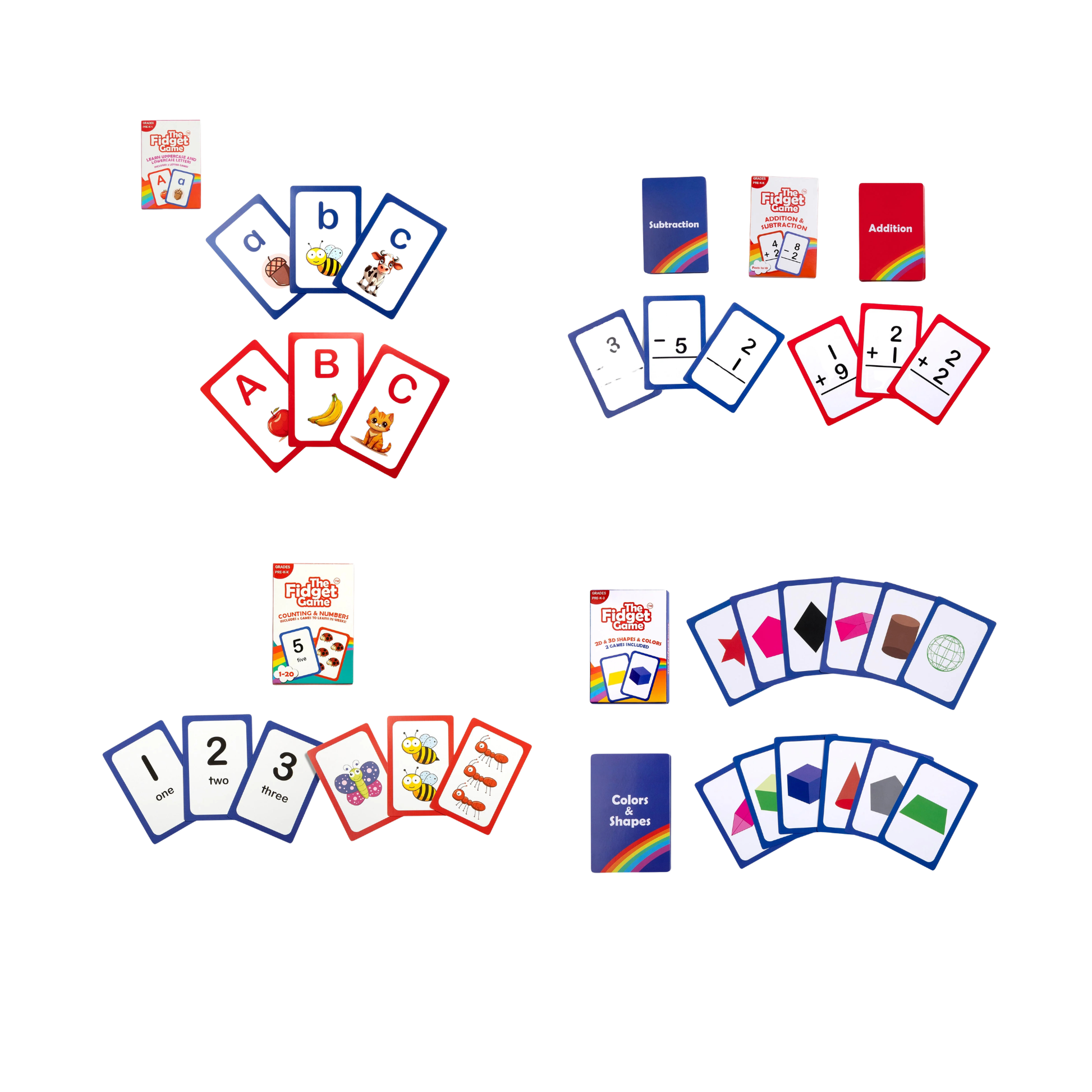 Four sets of "The Fidget Game" educational flashcards arranged in a 2x2 grid, featuring lowercase/uppercase alphabet cards with pictures (top-left), addition and subtraction math cards (top-right), counting numbers with animal illustrations (bottom-left), and 2D/3D shapes and colors (bottom-right)