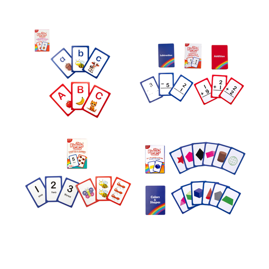 Four sets of "The Fidget Game" educational flashcards arranged in a 2x2 grid, featuring lowercase/uppercase alphabet cards with pictures (top-left), addition and subtraction math cards (top-right), counting numbers with animal illustrations (bottom-left), and 2D/3D shapes and colors (bottom-right)