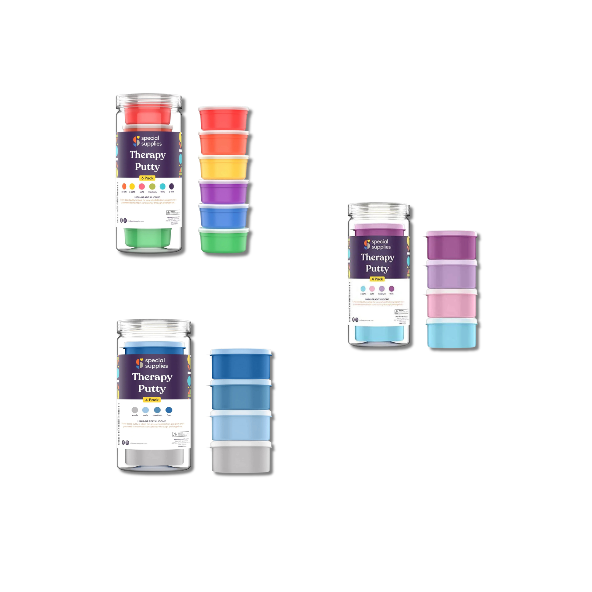 Set of therapy putty containers with colorful lids on a white background