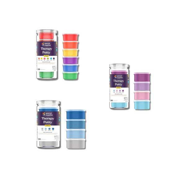 Set of therapy putty containers with colorful lids on a white background