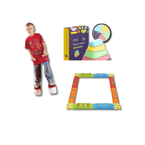 Colorful balance beam set with a child model on a white background