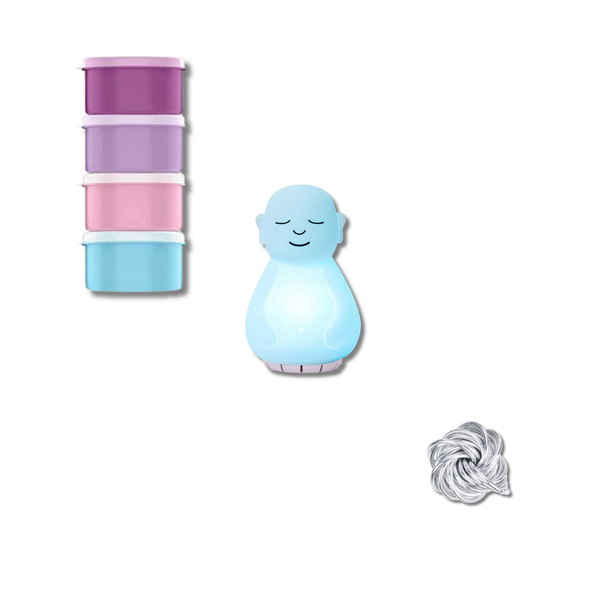 Set of pastel-colored containers and a blue lamp with a face on a white background