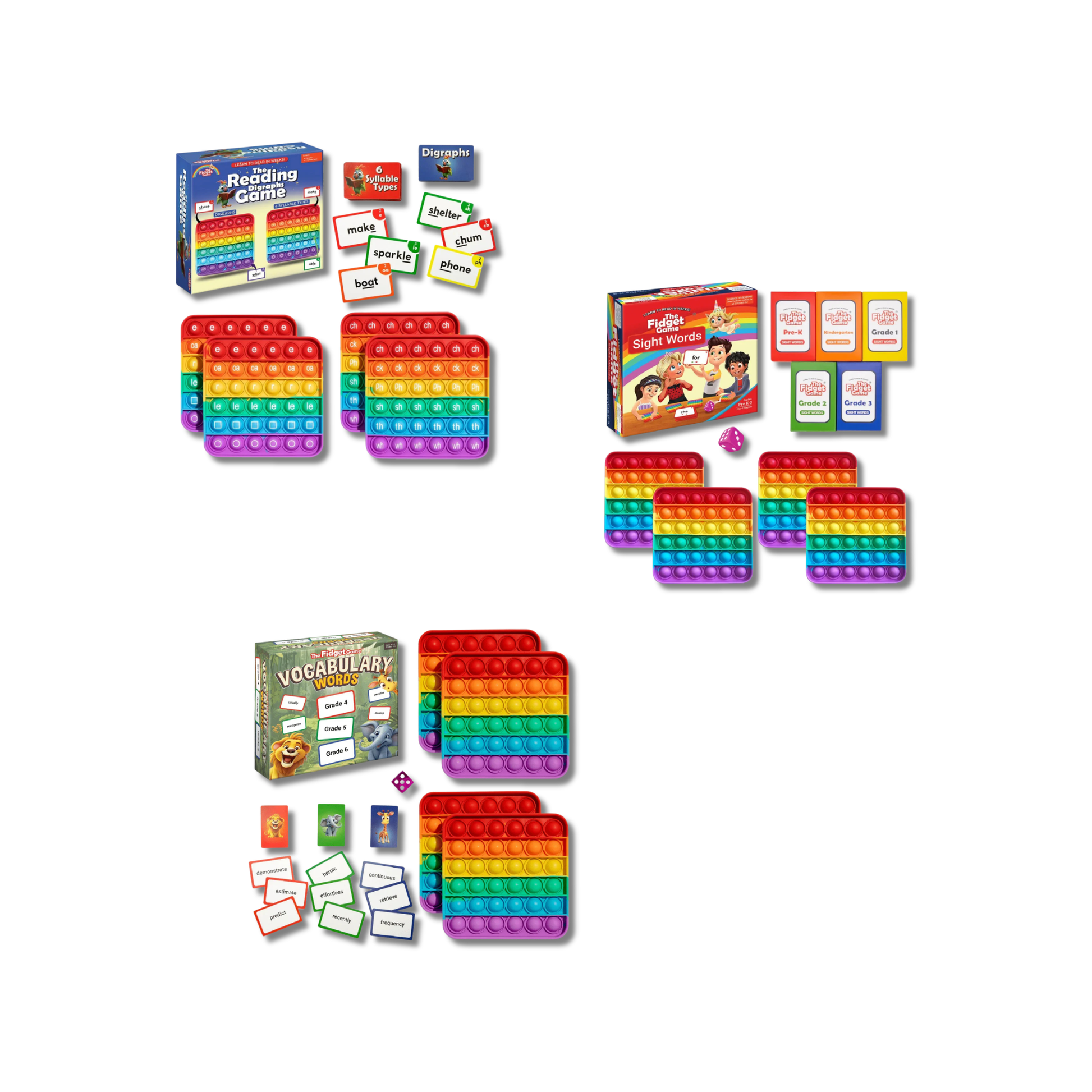 Three educational learning kits from "The Fidget Game" featuring boxes, flashcards, and rainbow pop-fidget toys: a blue Reading Digraphs game (top-left), an orange Sight Words game with grade-level card packs (top-right), and a green Vocabulary Words game for grades 4-6 (bottom-left).