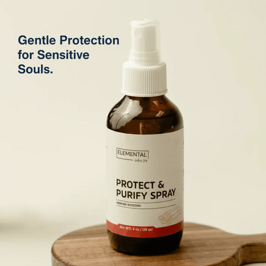 Protect & Purify Spray immune boosting bottle for sensitive individuals on wooden surface