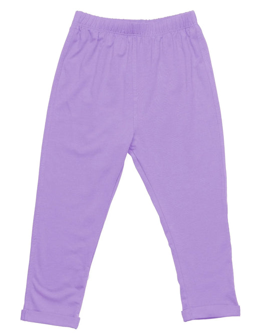Sensory-friendly purple cotton kids pants with elastic waistband and cuffed ankles