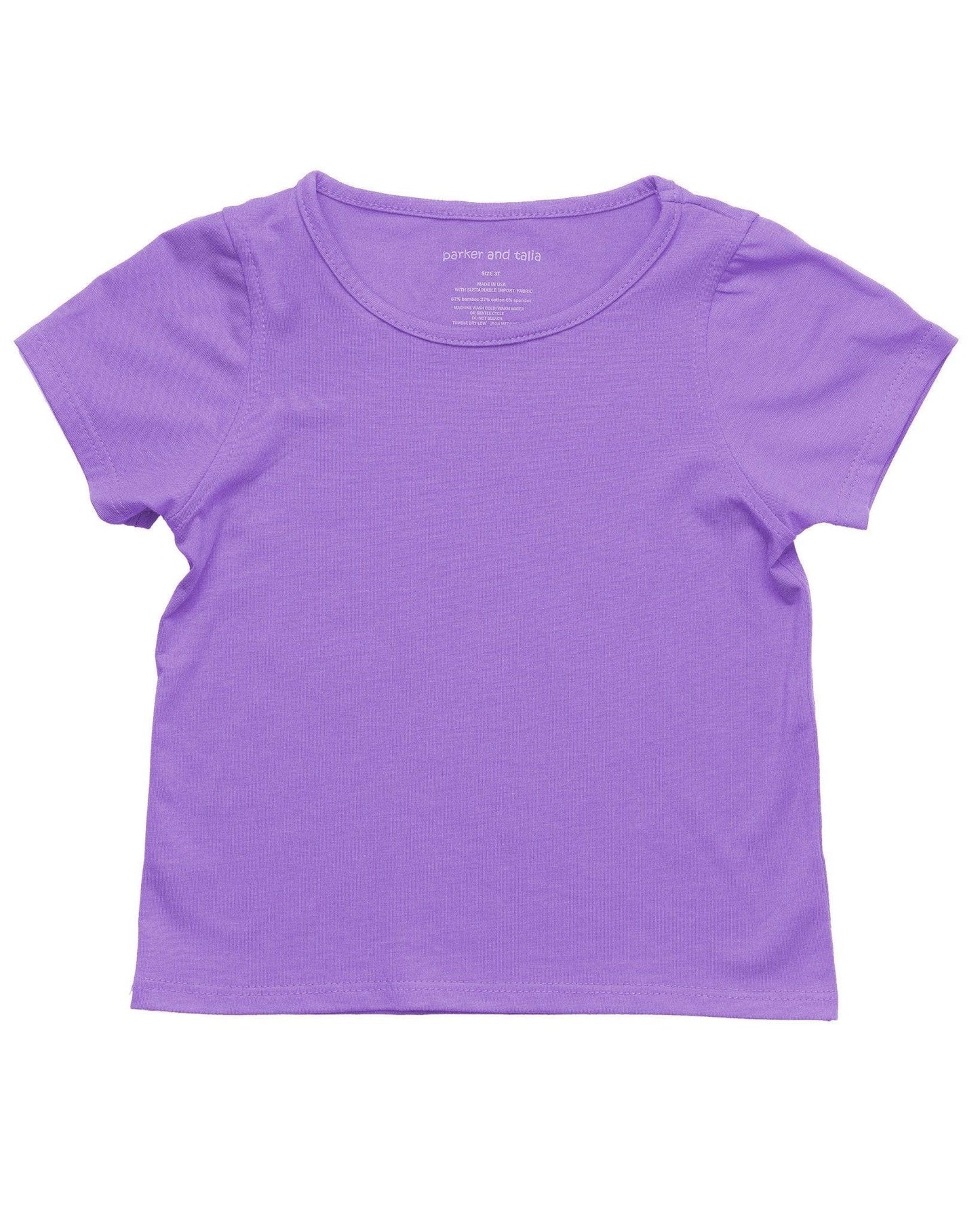 sensory-friendly kids purple short sleeve t-shirt, tagless, soft cotton, flat lay