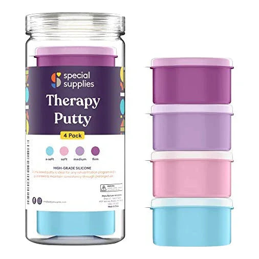Therapy putty set with four pastel containers in purple, pink, lavender, and blue, for sensory play and hand exercise.
