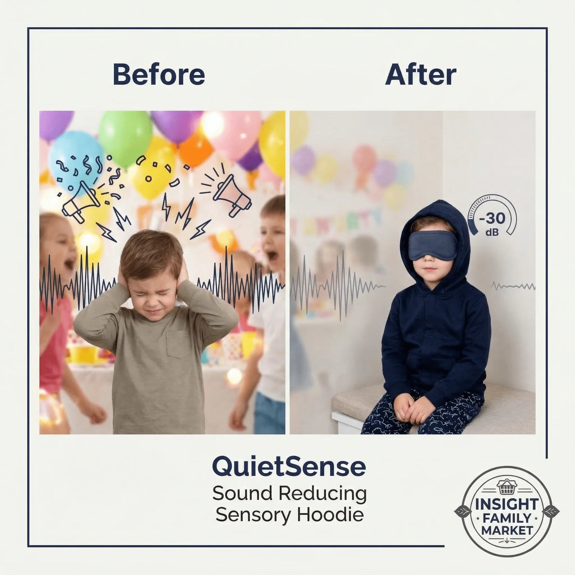 Child at a noisy party looking distressed, then calm wearing sound reducing sensory hoodie.