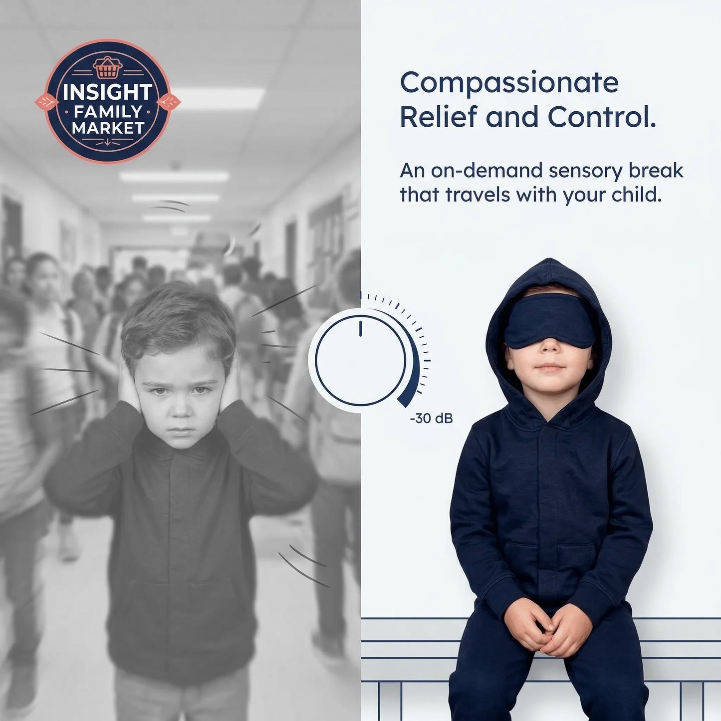 Child experiencing sensory overload in a school hallway, then calm with sensory-friendly hoodie and eye mask.