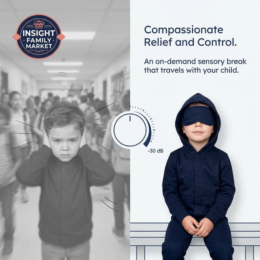 Child experiencing sensory overload in a school hallway, then calm with sensory-friendly hoodie and eye mask.
