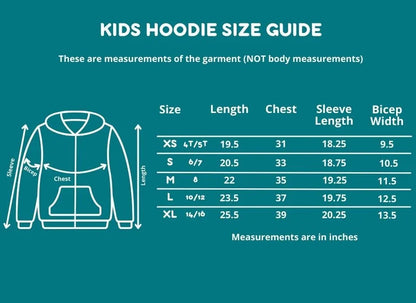 Kids hoodie size guide chart with measurements and illustrated hoodie diagram.