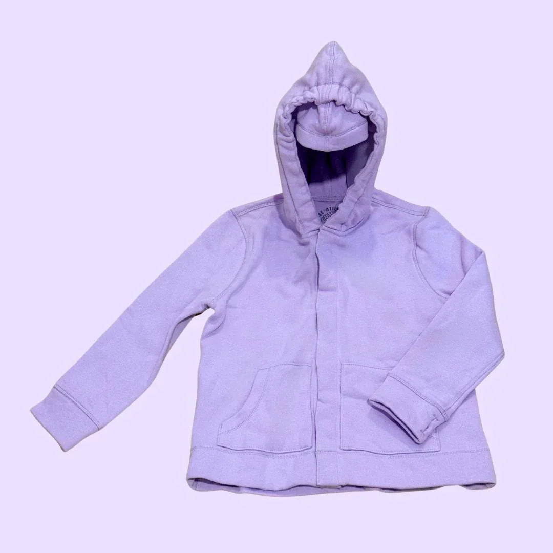 Light purple sensory-friendly kids hooded sweatshirt with front pockets on plain background