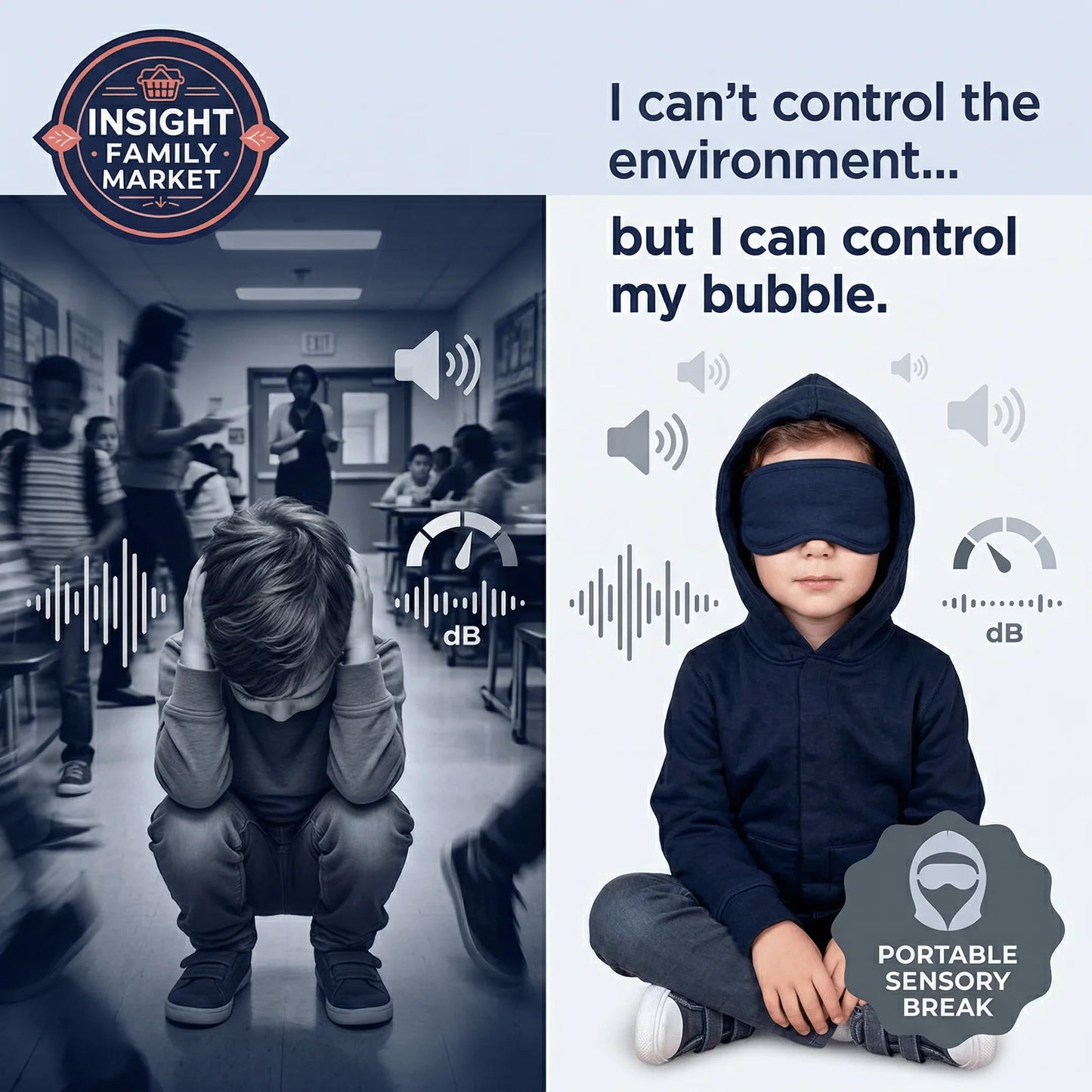 Sensory-friendly hoodie helps child block classroom noise and distractions for portable sensory break.