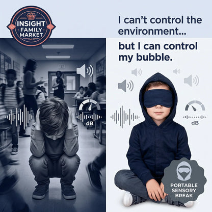 Sensory-friendly hoodie helps child block classroom noise and distractions for portable sensory break.