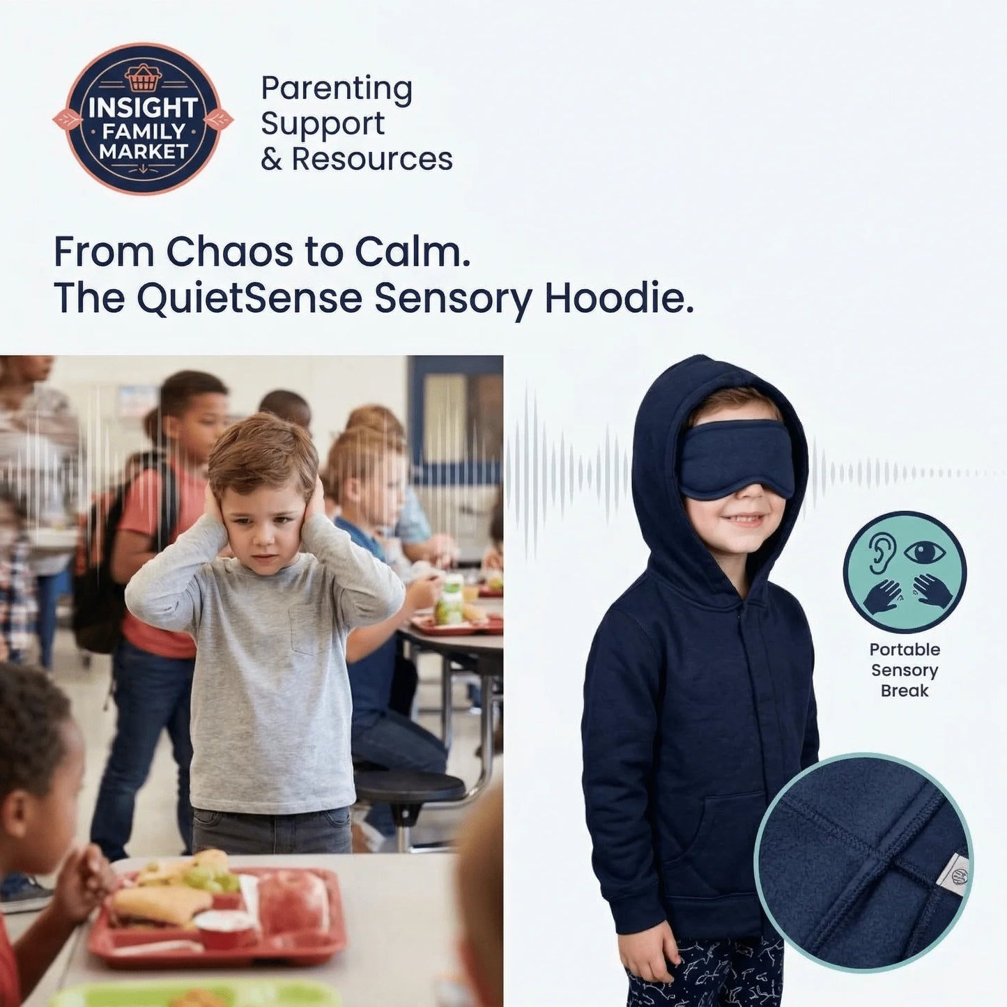 Sensory hoodie for kids, showing a child overwhelmed in a cafeteria and another calm wearing a sensory hoodie with eye mask, promoting autism and sensory support.