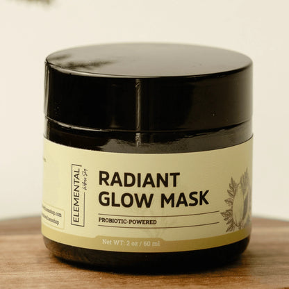 Radiant Glow Mask jar, probiotic-powered face mask for brighter skin, 2 oz container