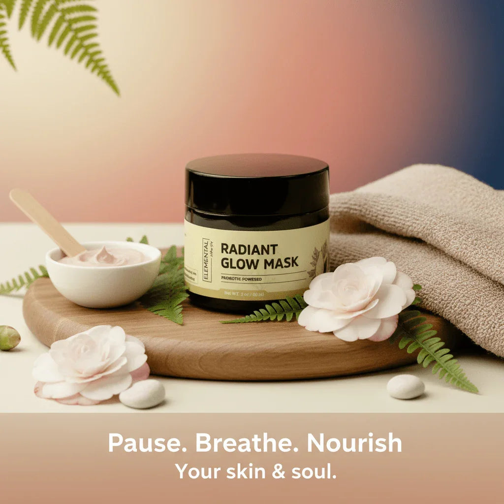 Radiant Glow Mask jar on wooden tray with flowers, towel, and skincare spatula