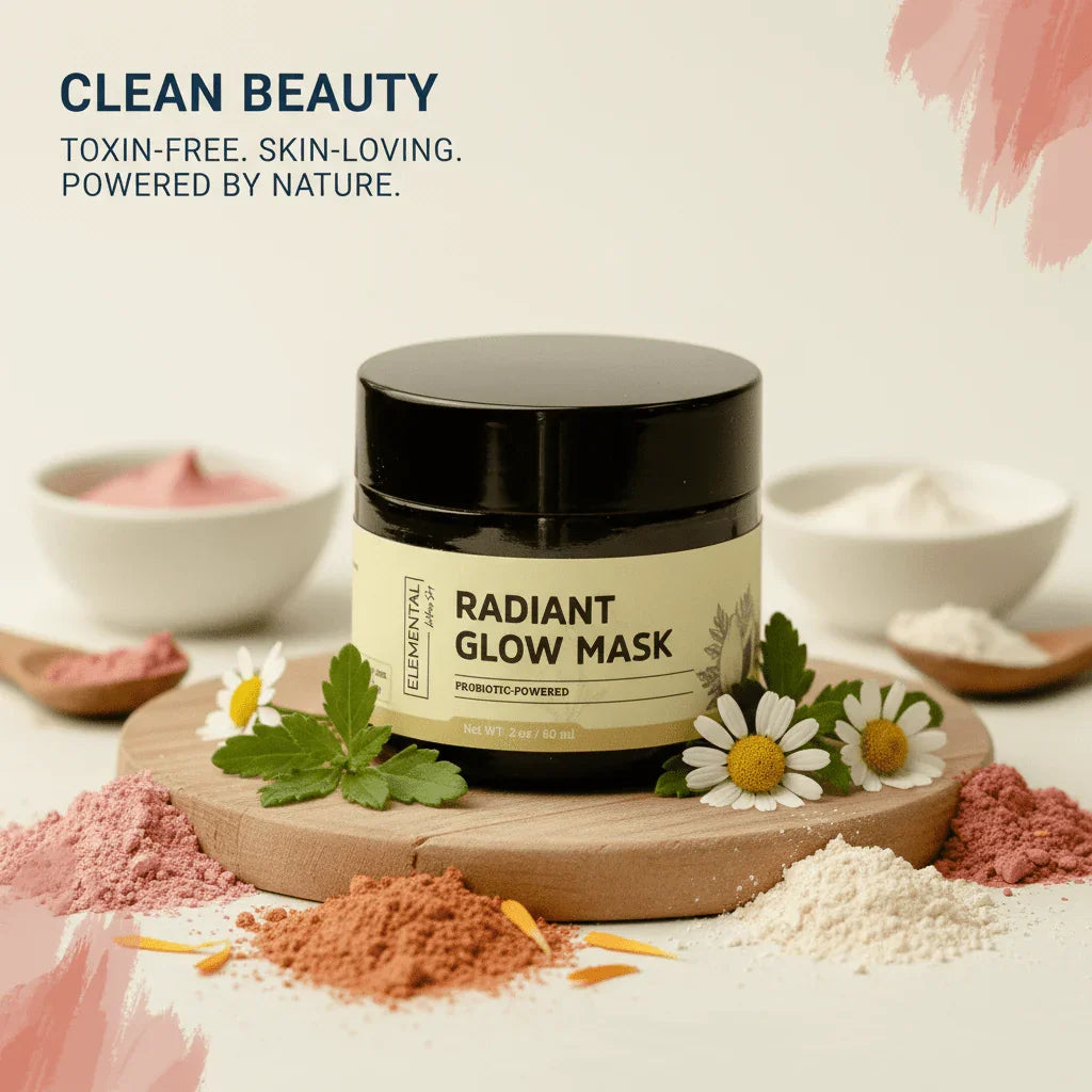 Radiant Glow Mask jar with natural powders, chamomile flowers, and greenery on a wooden board
