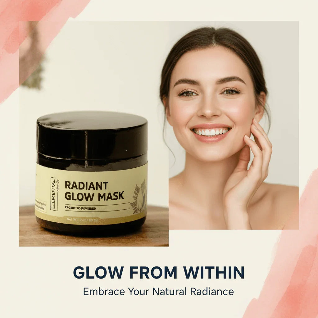 Radiant Glow Mask jar beside smiling woman with glowing skin, skincare and beauty concept